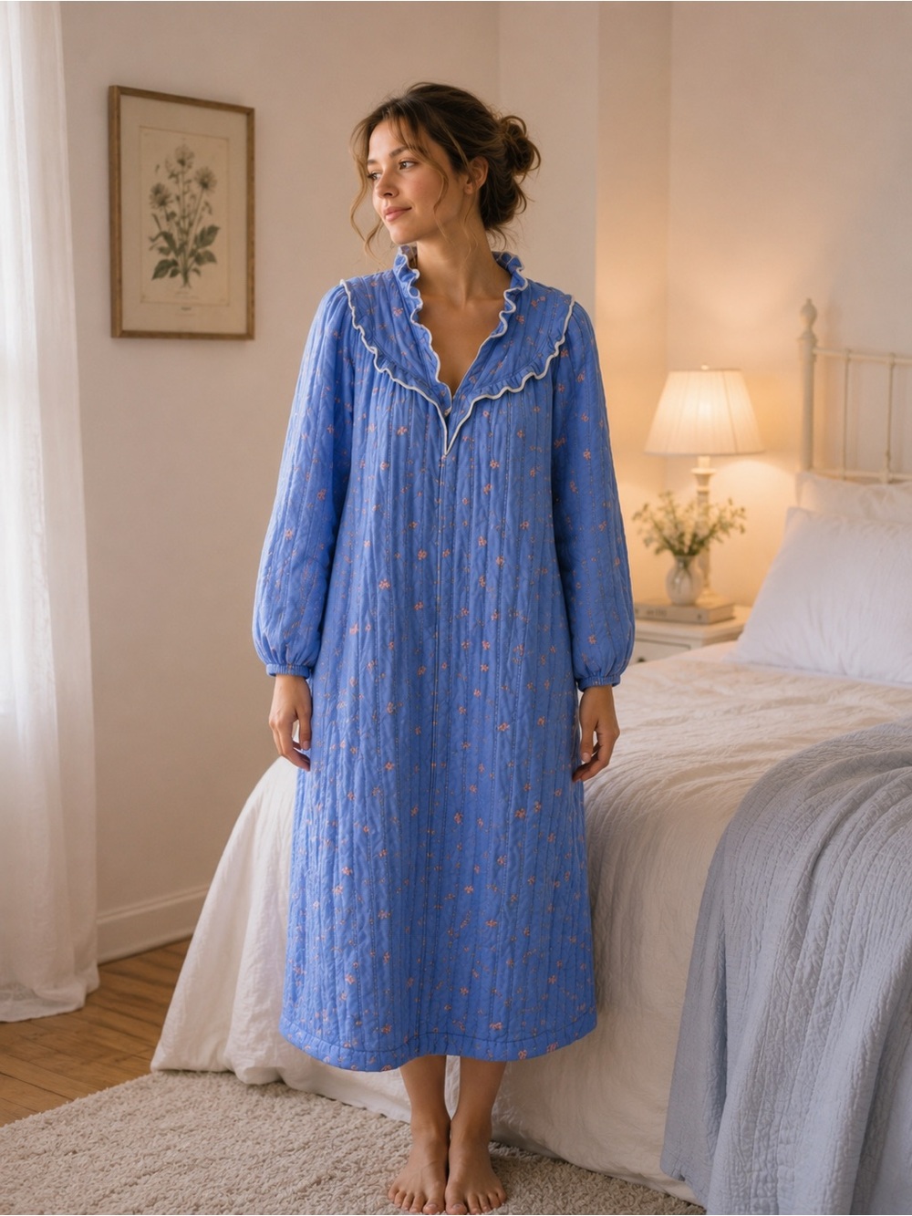 CJ'S Vintage LARGE‎ Robe Housecoat Quilted Blue Floral Ruffle USA MADE 9030D